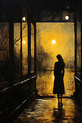 JPG 전신 나무 여자 실루엣 일러스트 페인팅 거리 건물안 한명 성인 태양 노란색 황혼 일몰 빈티지 디지털합성 그런지 성인여자한명만 국내일러스트 AI일러스트 AI콘텐츠 자연요소 식물 1 컬러 컨셉 촬영기법 실내 사람 노을 여자한명만 성인여자만 파일형식