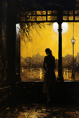 JPG 전신 나무 여자 실루엣 가로등 일러스트 페인팅 건물안 한명 성인 노란색 마을 황혼 일몰 빈티지 창가 디지털합성 그런지 성인여자한명만 국내일러스트 AI일러스트 AI콘텐츠 식물 1 공공시설 컬러 컨셉 창문 촬영기법 실내 사람 노을 여자한명만 성인여자만 파일형식