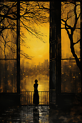 JPG 전신 나무 여자 실루엣 일러스트 창문 페인팅 건물안 한명 성인 울타리 노란색 마을 황혼 일몰 빈티지 디지털합성 그런지 성인여자한명만 국내일러스트 AI일러스트 AI콘텐츠 식물 1 컬러 컨셉 촬영기법 실내 사람 담장 노을 여자한명만 성인여자만 파일형식