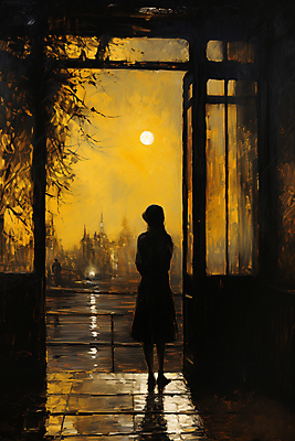 JPG 전신 나무 여자 실루엣 일러스트 페인팅 건물안 한명 성인 태양 노란색 마을 황혼 일몰 빈티지 디지털합성 그런지 성인여자한명만 국내일러스트 AI일러스트 AI콘텐츠 자연요소 식물 1 컬러 컨셉 촬영기법 실내 사람 노을 여자한명만 성인여자만 파일형식