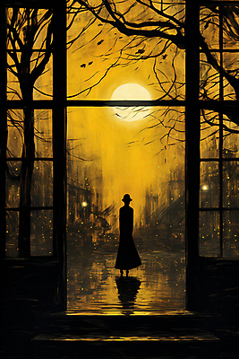 JPG 전신 나무 여자 실루엣 낙엽 일러스트 페인팅 거리 한명 성인 태양 노란색 문 황혼 일몰 빈티지 디지털합성 그런지 성인여자한명만 국내일러스트 AI일러스트 AI콘텐츠 자연요소 식물 1 컬러 컨셉 잎 촬영기법 사람 노을 여자한명만 성인여자만 파일형식