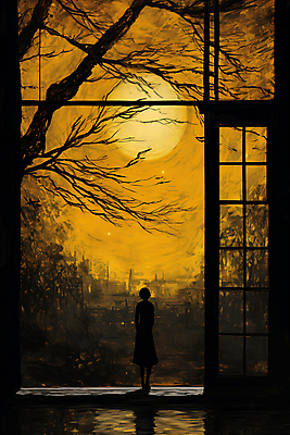 JPG 전신 나무 여자 실루엣 일러스트 창문 페인팅 건물안 한명 성인 태양 노란색 황혼 일몰 빈티지 디지털합성 그런지 성인여자한명만 국내일러스트 AI일러스트 AI콘텐츠 자연요소 식물 1 컬러 컨셉 촬영기법 실내 사람 노을 여자한명만 성인여자만 파일형식