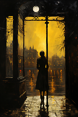 JPG 전신 나무 여자 실루엣 일러스트 페인팅 거리 건물안 한명 성인 건물 노란색 마을 황혼 일몰 빈티지 디지털합성 그런지 성인여자한명만 국내일러스트 AI일러스트 AI콘텐츠 식물 1 건축물 컬러 컨셉 촬영기법 실내 사람 노을 여자한명만 성인여자만 파일형식