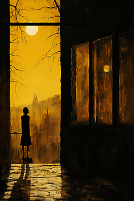 JPG 전신 나무 여자 실루엣 일러스트 창문 페인팅 한명 성인 태양 노란색 황혼 일몰 빈티지 골목길 디지털합성 그런지 성인여자한명만 국내일러스트 AI일러스트 AI콘텐츠 자연요소 식물 1 길 컬러 컨셉 촬영기법 사람 노을 여자한명만 성인여자만 파일형식