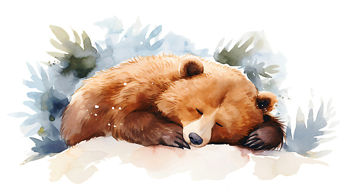 JPG 동물 한마리 겨울 일러스트 곰 포유류 붓터치 나뭇잎 수채화 사람없음 귀여움 눈감음 눈 잠 번짐 겨울잠 국내일러스트 AI일러스트 AI콘텐츠 자연요소 1 계절 컨셉 잎 모션 날씨 파일형식 효과