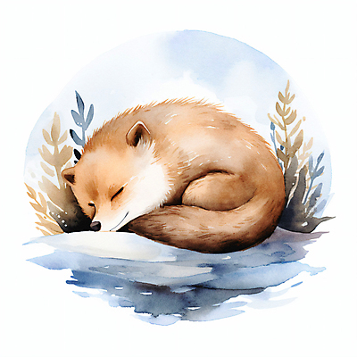 JPG 동물 한마리 잎 겨울 일러스트 포유류 붓터치 수채화 사람없음 귀여움 눈감음 눈 잠 풀 여우 번짐 겨울잠 국내일러스트 AI일러스트 AI콘텐츠 자연요소 식물 1 계절 컨셉 모션 날씨 파일형식 효과