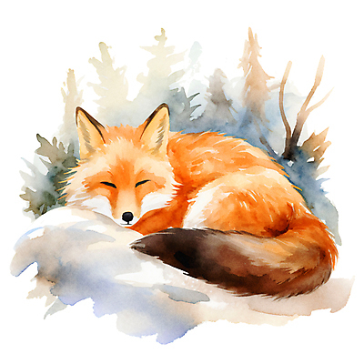 JPG 나무 동물 한마리 겨울 일러스트 포유류 붓터치 수채화 사람없음 귀여움 눈감음 주황색 눈 잠 여우 번짐 겨울잠 국내일러스트 AI일러스트 AI콘텐츠 자연요소 식물 1 계절 컬러 컨셉 모션 날씨 파일형식 효과