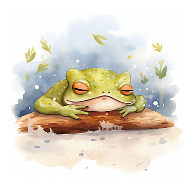 JPG 동물 한마리 겨울 일러스트 붓터치 나뭇잎 수채화 개구리 양서류 사람없음 귀여움 눈감음 눈 잠 통나무 번짐 겨울잠 국내일러스트 AI일러스트 AI콘텐츠 자연요소 나무 1 계절 컨셉 잎 모션 날씨 파일형식 효과