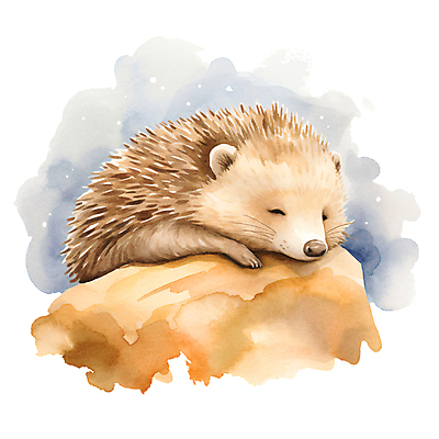 JPG 동물 한마리 겨울 일러스트 포유류 붓터치 수채화 사람없음 갈색 귀여움 눈감음 눈 잠 번짐 고슴도치 겨울잠 국내일러스트 AI일러스트 AI콘텐츠 자연요소 1 계절 컬러 컨셉 모션 날씨 파일형식 효과