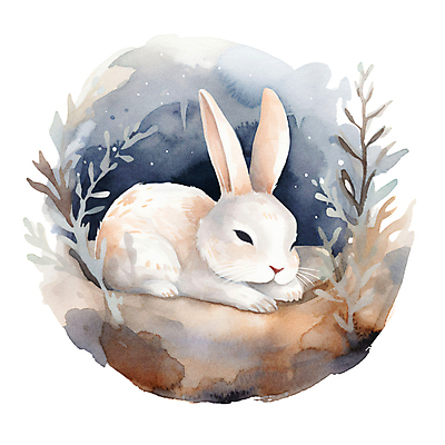 JPG 동물 한마리 겨울 일러스트 포유류 붓터치 수채화 사람없음 귀여움 눈감음 눈 토끼 잠 풀 번짐 겨울잠 국내일러스트 AI일러스트 AI콘텐츠 자연요소 식물 1 계절 컨셉 모션 날씨 반려동물 파일형식 효과