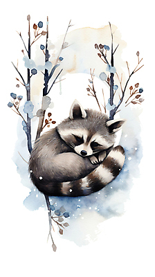 JPG 동물 한마리 겨울 일러스트 포유류 붓터치 나뭇잎 수채화 사람없음 귀여움 눈감음 나뭇가지 눈 잠 번짐 겨울잠 라쿤 국내일러스트 AI일러스트 AI콘텐츠 자연요소 나무 1 계절 컨셉 잎 모션 날씨 너구리 파일형식 효과