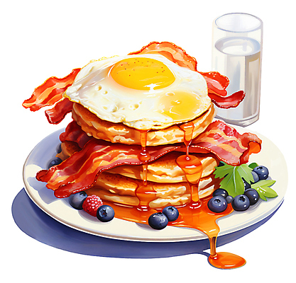 JPG 접시 일러스트 사람없음 계란프라이 허브 물컵 블루베리 브런치 산딸기 베이컨 팬케이크 메이플시럽 국내일러스트 AI일러스트 AI콘텐츠 식물 식기 과일 돼지고기 컵 케이크 식사 계란요리 시럽 파일형식