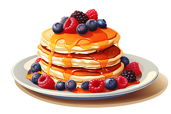JPG 접시 일러스트 딸기 사람없음 블루베리 브런치 산딸기 베리 블랙베리 팬케이크 메이플시럽 국내일러스트 AI일러스트 AI콘텐츠 식기 과일 케이크 식사 시럽 파일형식