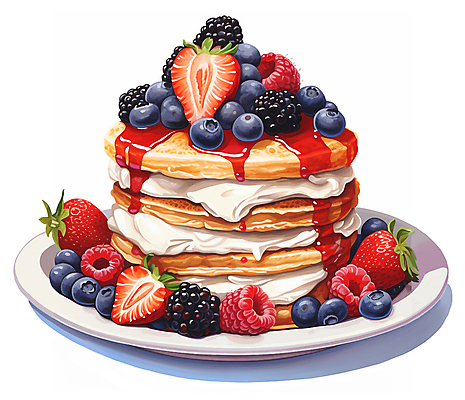 JPG 접시 일러스트 딸기 사람없음 케이크 생크림 블루베리 브런치 산딸기 베리 블랙베리 딸기시럽 국내일러스트 AI일러스트 AI콘텐츠 식기 과일 디저트 식사 크림 시럽 파일형식