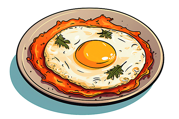 JPG 접시 일러스트 사람없음 양념 수프 계란프라이 허브 브런치 토마토소스 반숙 국내일러스트 AI일러스트 AI콘텐츠 식물 식기 식사 소스_음식 계란요리 파일형식