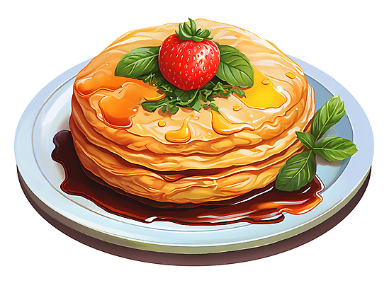 JPG 접시 잎 일러스트 딸기 사람없음 허브 브런치 팬케이크 메이플시럽 국내일러스트 AI일러스트 AI콘텐츠 식물 식기 과일 케이크 식사 시럽 파일형식