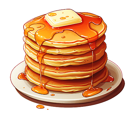 JPG 접시 일러스트 사람없음 브런치 버터 팬케이크 메이플시럽 국내일러스트 AI일러스트 AI콘텐츠 식기 케이크 식사 시럽 파일형식