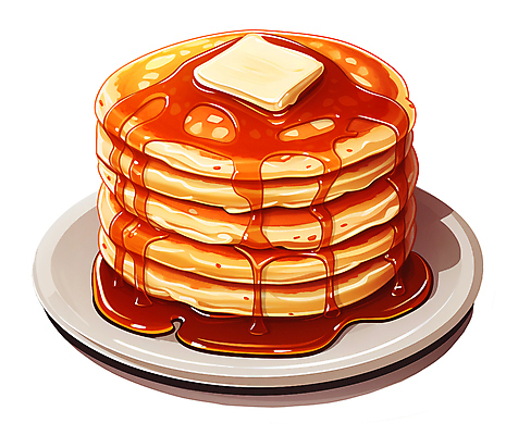 JPG 접시 일러스트 사람없음 브런치 버터 팬케이크 메이플시럽 국내일러스트 AI일러스트 AI콘텐츠 식기 케이크 식사 시럽 파일형식