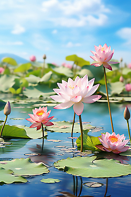 JPG 편집이미지 호수 자연 하늘 연꽃 풍경 사람없음 연못 연잎 꽃봉오리 편집실사 AI포토 AI콘텐츠 꽃 잎 CG 생태계 파일형식