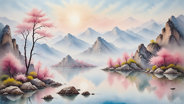 JPG 호수 일러스트 자연 수채화 산 풍경 사람없음 태양 봄 바위 풀 벚나무 편집소스 국내일러스트 AI일러스트 AI콘텐츠 자연요소 나무 식물 계절 벚꽃 돌_바위 생태계 파일형식