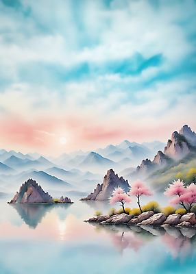 JPG 호수 일러스트 자연 수채화 산 풍경 사람없음 태양 봄 바위 벚나무 편집소스 국내일러스트 AI일러스트 AI콘텐츠 자연요소 나무 계절 벚꽃 돌_바위 생태계 파일형식
