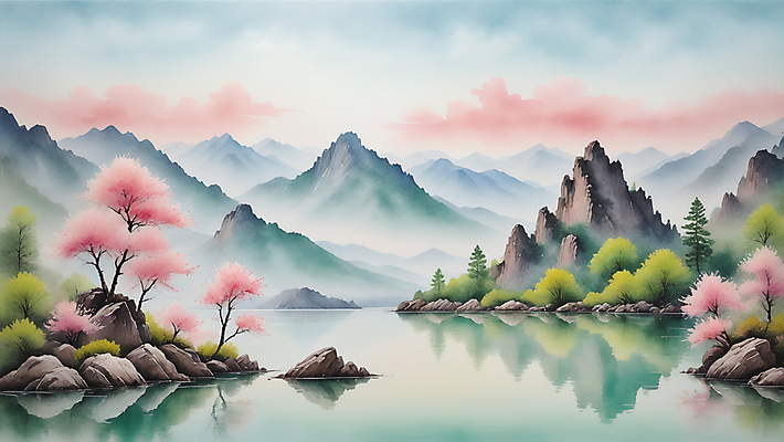 JPG 호수 일러스트 자연 수채화 산 풍경 사람없음 봄 바위 벚나무 편집소스 국내일러스트 AI일러스트 AI콘텐츠 나무 계절 벚꽃 돌_바위 생태계 파일형식