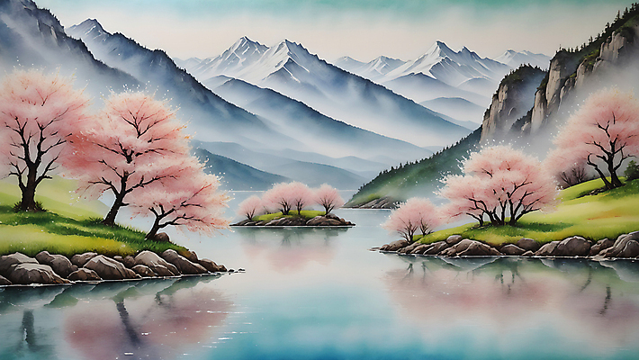 JPG 호수 일러스트 자연 수채화 산 풍경 사람없음 봄 바위 벚나무 편집소스 국내일러스트 AI일러스트 AI콘텐츠 나무 계절 벚꽃 돌_바위 생태계 파일형식