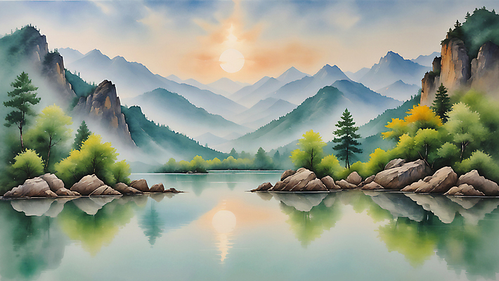 JPG 나무 호수 일러스트 자연 수채화 산 풍경 사람없음 여름 태양 바위 편집소스 국내일러스트 AI일러스트 AI콘텐츠 자연요소 식물 계절 돌_바위 생태계 파일형식
