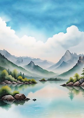 JPG 나무 구름 호수 일러스트 자연 수채화 산 풍경 사람없음 여름 바위 풀 편집소스 국내일러스트 AI일러스트 AI콘텐츠 자연요소 식물 계절 돌_바위 생태계 파일형식