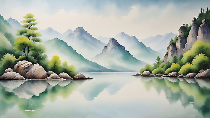 JPG 나무 호수 일러스트 자연 수채화 산 풍경 사람없음 여름 바위 편집소스 국내일러스트 AI일러스트 AI콘텐츠 식물 계절 돌_바위 생태계 파일형식