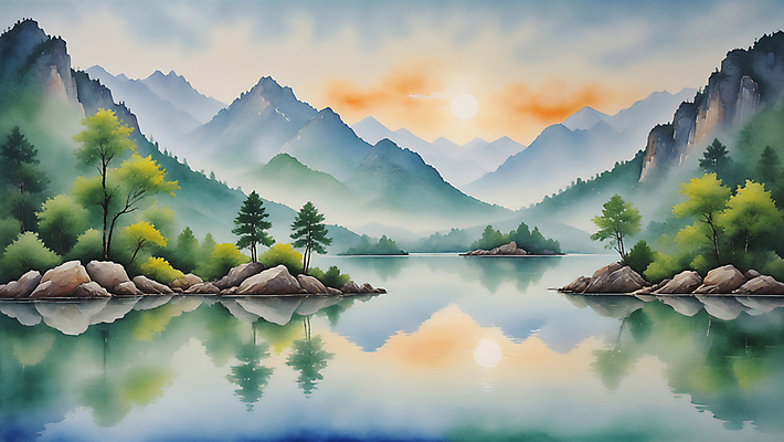JPG 나무 호수 일러스트 자연 수채화 산 풍경 사람없음 여름 태양 바위 편집소스 국내일러스트 AI일러스트 AI콘텐츠 자연요소 식물 계절 돌_바위 생태계 파일형식
