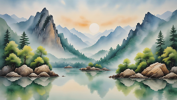 JPG 나무 호수 일러스트 자연 수채화 산 풍경 사람없음 여름 태양 바위 편집소스 국내일러스트 AI일러스트 AI콘텐츠 자연요소 식물 계절 돌_바위 생태계 파일형식
