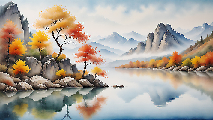 JPG 호수 일러스트 자연 단풍나무 수채화 산 풍경 사람없음 가을 바위 편집소스 국내일러스트 AI일러스트 AI콘텐츠 나무 계절 단풍 돌_바위 생태계 파일형식