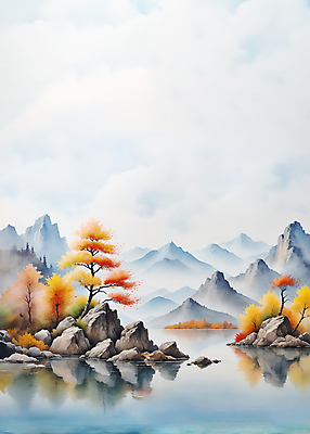 JPG 호수 일러스트 자연 하늘 단풍나무 수채화 산 풍경 사람없음 가을 바위 편집소스 국내일러스트 AI일러스트 AI콘텐츠 나무 계절 단풍 돌_바위 생태계 파일형식