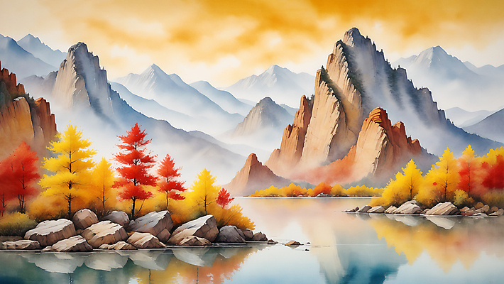 JPG 호수 일러스트 자연 단풍나무 수채화 산 풍경 사람없음 가을 바위 편집소스 국내일러스트 AI일러스트 AI콘텐츠 나무 계절 단풍 돌_바위 생태계 파일형식