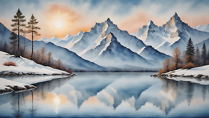 JPG 나무 호수 겨울 일러스트 자연 수채화 산 풍경 사람없음 태양 풀 편집소스 눈덮임 국내일러스트 AI일러스트 AI콘텐츠 자연요소 식물 계절 컨셉 생태계 파일형식