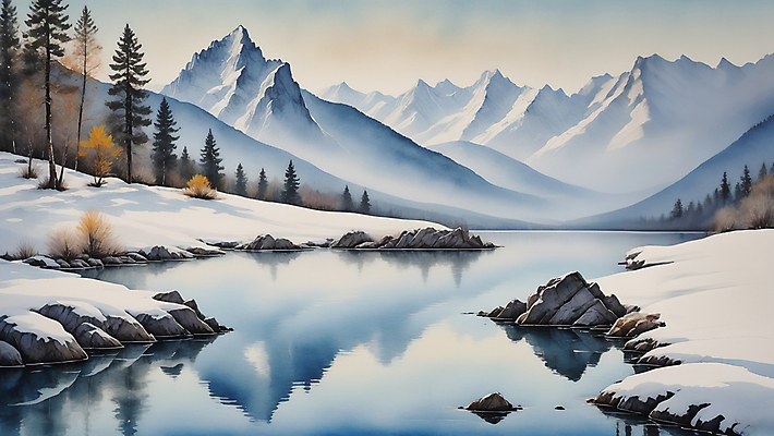JPG 나무 호수 겨울 일러스트 자연 수채화 산 풍경 사람없음 바위 풀 편집소스 눈덮임 국내일러스트 AI일러스트 AI콘텐츠 식물 계절 컨셉 돌_바위 생태계 파일형식