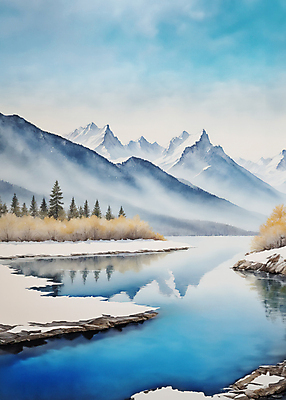 JPG 나무 호수 겨울 일러스트 자연 수채화 산 풍경 사람없음 편집소스 눈덮임 국내일러스트 AI일러스트 AI콘텐츠 식물 계절 컨셉 생태계 파일형식