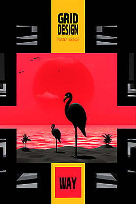 PSD 편집이미지 실루엣 포스터 섬 두마리 추상 해변 사람없음 빨간색 야자수 공간 플라밍고 디지털합성 격자 이미지편집 나무 바다 컬러 2 무늬 조류 촬영기법 파일형식
