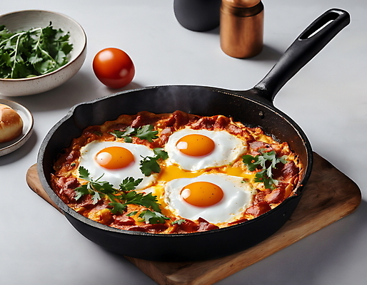 JPG 편집이미지 음식 토마토 사람없음 프라이팬 고수 계란요리 나무도마 에그인헬 편집실사 AI포토 AI콘텐츠 채소 주방용품 도마 요리 목재 계란 향신료 CG 파일형식