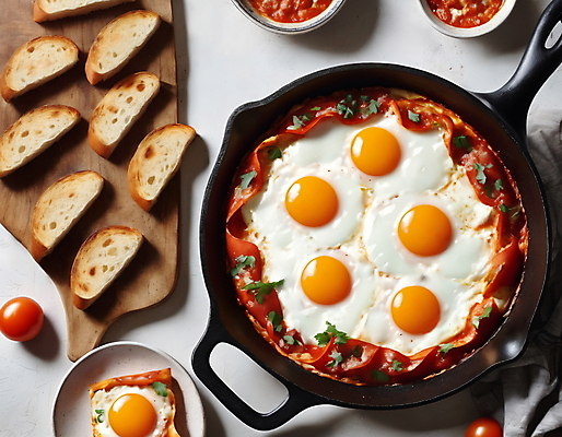 JPG 편집이미지 음식 토마토 사람없음 하이앵글 프라이팬 고수 바게트 계란요리 나무도마 에그인헬 편집실사 AI포토 AI콘텐츠 빵 뷰포인트 채소 주방용품 도마 요리 목재 계란 향신료 CG 파일형식