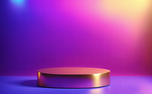 JPG 편집이미지 디자인 백그라운드 사람없음 그래픽 빛 3D 보라색 금색 황금 디지털합성 광택 단상 포디움 비어있는 편집3D AI컴퓨터그래픽 AI콘텐츠 컬러 무대 파일형식