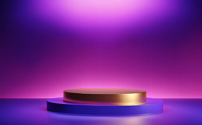 JPG 편집이미지 디자인 백그라운드 사람없음 그래픽 빛 3D 보라색 금색 황금 디지털합성 광택 단상 포디움 비어있는 편집3D AI컴퓨터그래픽 AI콘텐츠 컬러 무대 파일형식