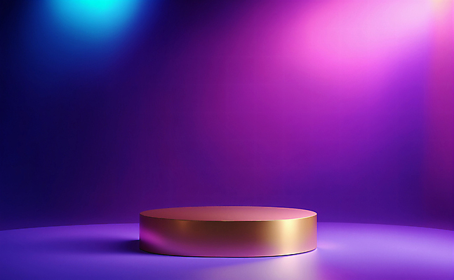 JPG 편집이미지 디자인 백그라운드 사람없음 그래픽 빛 3D 보라색 금색 황금 디지털합성 광택 단상 포디움 비어있는 편집3D AI컴퓨터그래픽 AI콘텐츠 컬러 무대 파일형식