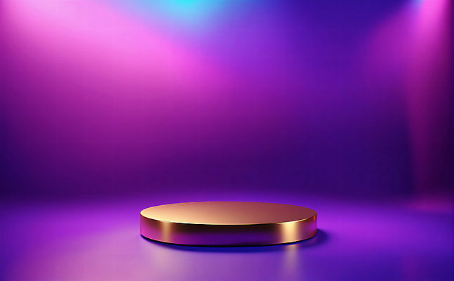 JPG 편집이미지 디자인 백그라운드 사람없음 그래픽 빛 3D 보라색 금색 황금 디지털합성 광택 단상 포디움 비어있는 편집3D AI컴퓨터그래픽 AI콘텐츠 컬러 무대 파일형식