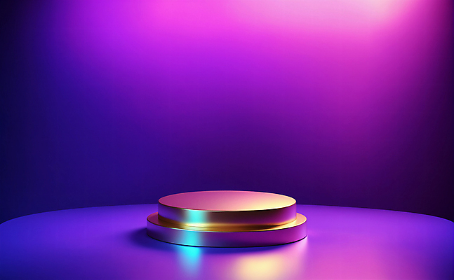 JPG 편집이미지 디자인 백그라운드 사람없음 그래픽 빛 3D 보라색 금색 황금 디지털합성 광택 단상 포디움 비어있는 편집3D AI컴퓨터그래픽 AI콘텐츠 컬러 무대 파일형식