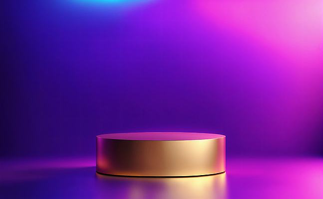 JPG 편집이미지 디자인 백그라운드 사람없음 그래픽 빛 3D 보라색 금색 황금 디지털합성 광택 단상 포디움 비어있는 편집3D AI컴퓨터그래픽 AI콘텐츠 컬러 무대 파일형식