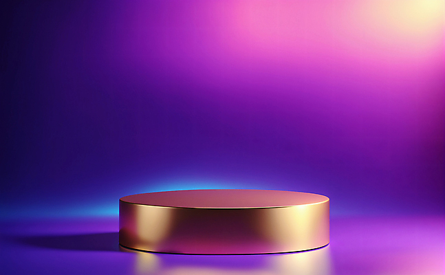 JPG 편집이미지 디자인 백그라운드 사람없음 그래픽 빛 3D 보라색 금색 황금 디지털합성 광택 단상 포디움 비어있는 편집3D AI컴퓨터그래픽 AI콘텐츠 컬러 무대 파일형식