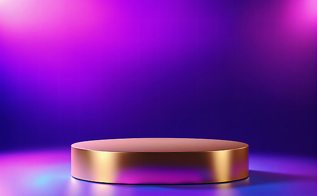 JPG 편집이미지 디자인 백그라운드 사람없음 그래픽 빛 3D 보라색 금색 황금 디지털합성 광택 단상 포디움 비어있는 편집3D AI컴퓨터그래픽 AI콘텐츠 컬러 무대 파일형식