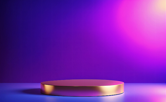 JPG 편집이미지 디자인 백그라운드 사람없음 그래픽 빛 3D 보라색 금색 황금 디지털합성 광택 단상 포디움 비어있는 편집3D AI컴퓨터그래픽 AI콘텐츠 컬러 무대 파일형식